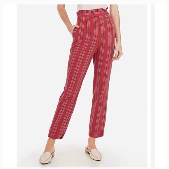 Express Red/White/Black Striped High-Rise Paperbag Ankle Pants Size 8 - Picture 1 of 11